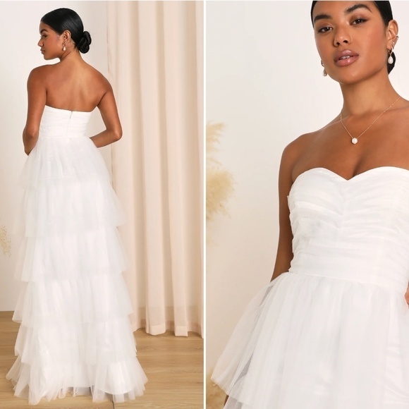 LULU's Elegant White Bridal Sexy Tulle Corset Bustier Tiered Ruffles Boho Gown - Picture 3 of 5